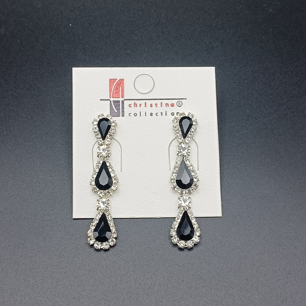 Christina Collection Black Dangle Earrings Silver Tone Teardrop Drop 2.25"